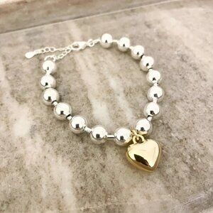 925 Sterling Silver Bead Bracelet Two Tone Chunky Heart Bracelet Dangle Heart